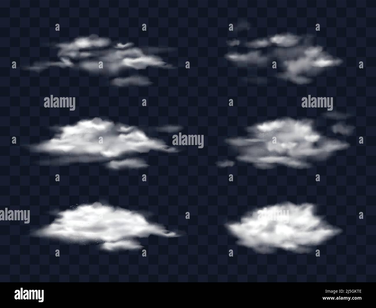 Set di illustrazioni vettoriali di nuvole bianche trasparenti in uno stile realistico, isolato. Modello, elemento per la progettazione. Illustrazione Vettoriale