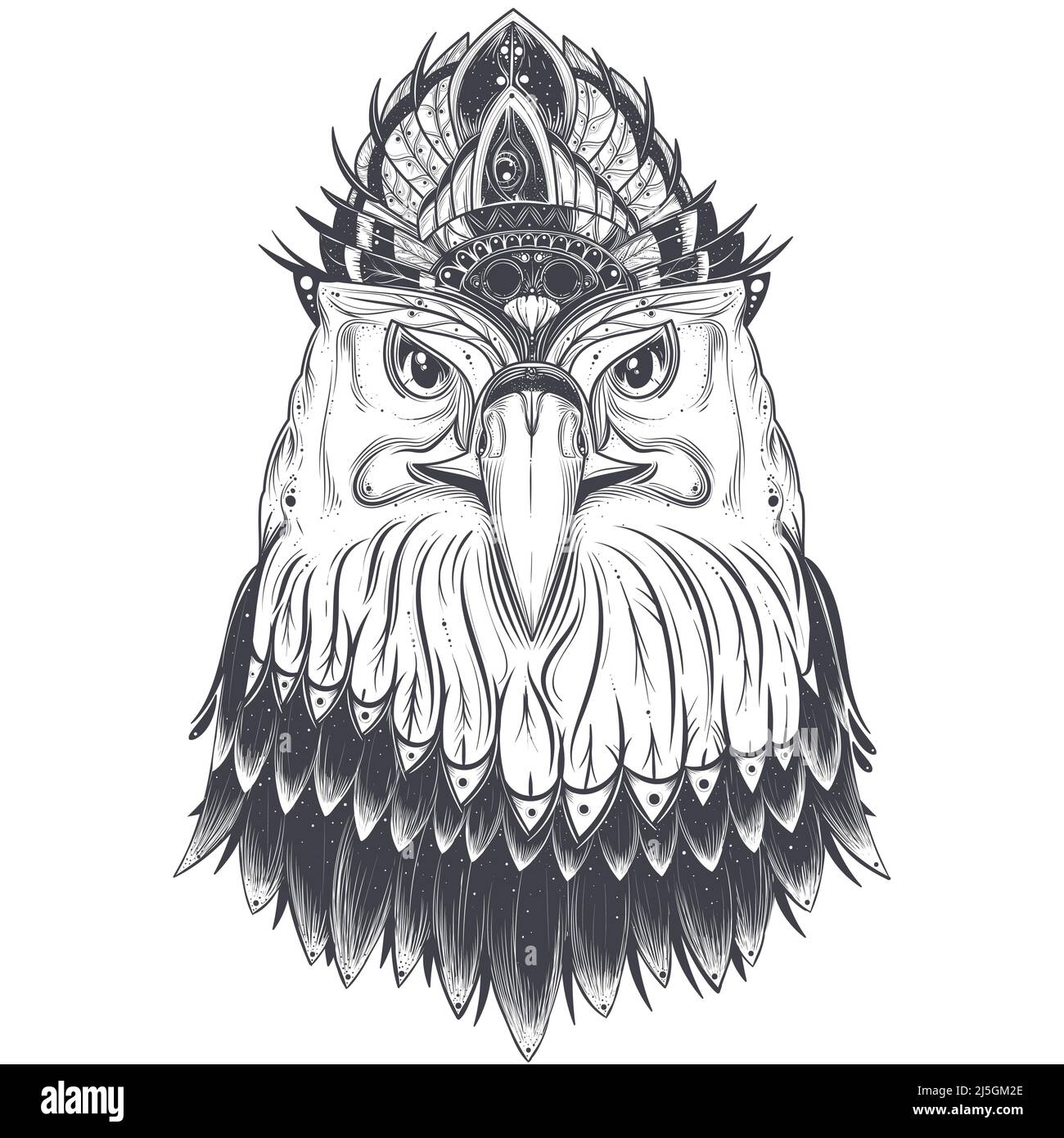 Testa di aquila con pettine di piume, illustrazione vettoriale disegnata da arte isolata su sfondo bianco. Uccello predatore con ornamento pagano per tatuaggio, stampa Illustrazione Vettoriale