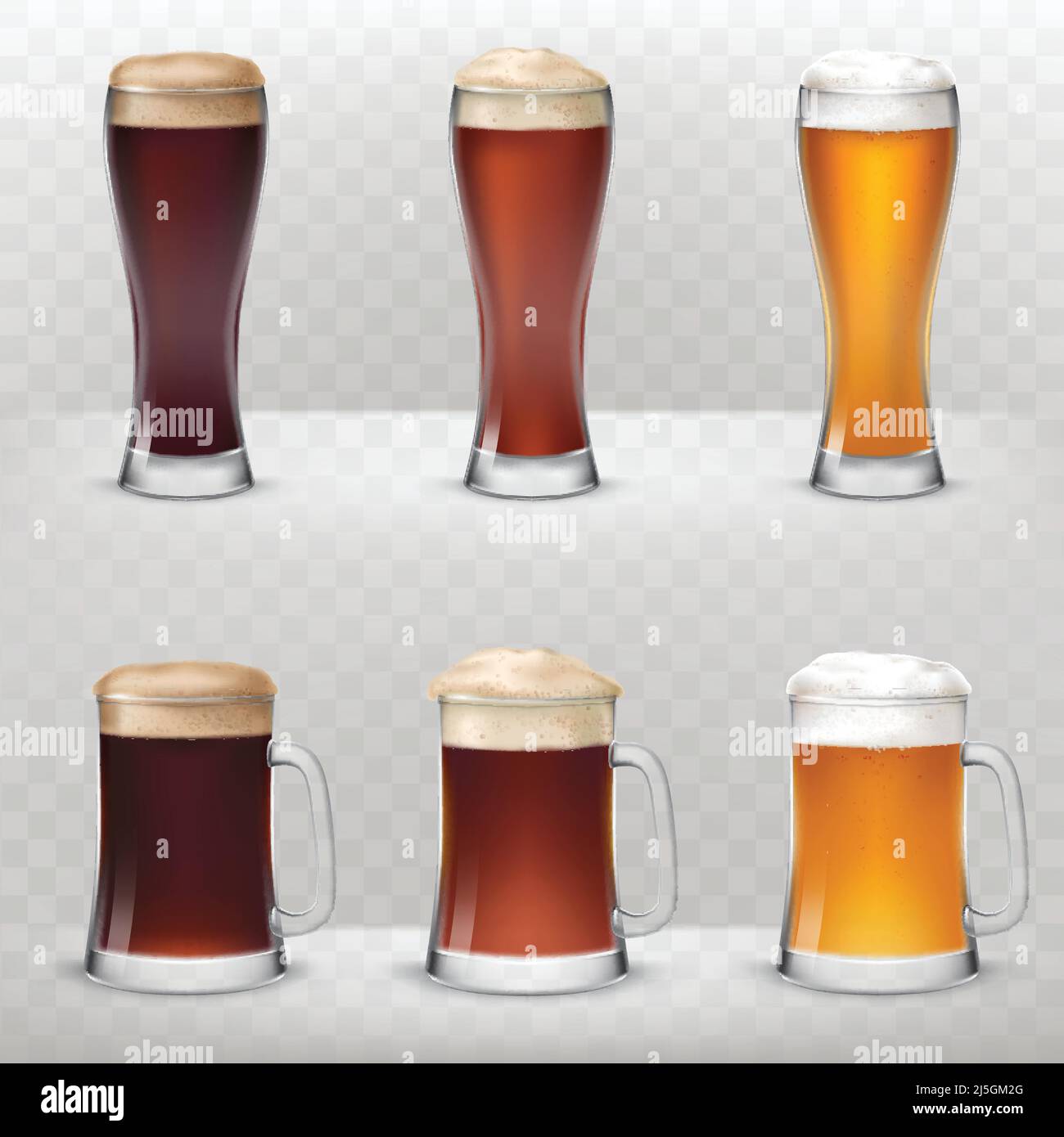 Una serie di illustrazioni vettoriali in uno stile realistico di tazze e bicchieri alti di birra non filtrata, scura e chiara isolato su sfondo grigio. Illustrazione Vettoriale