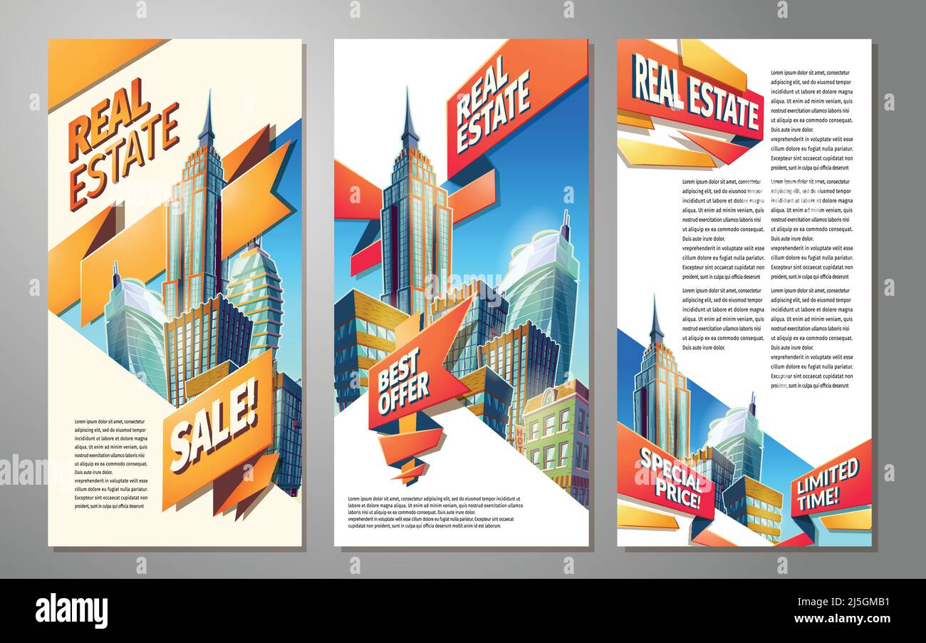 Set di illustrazioni vettoriali di cartoni animati, banner, sfondi urbani con edifici moderni di grandi città, grattacieli, centri commerciali e spazio per il testo. Illustrazione Vettoriale