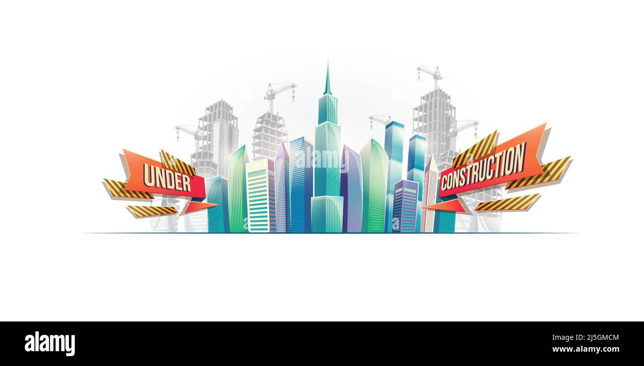 Banner vettoriale cartoon, sfondo urbano con edifici moderni di grandi città, grattacieli, centri d'affari sullo sfondo della costruzione in corso. R Illustrazione Vettoriale