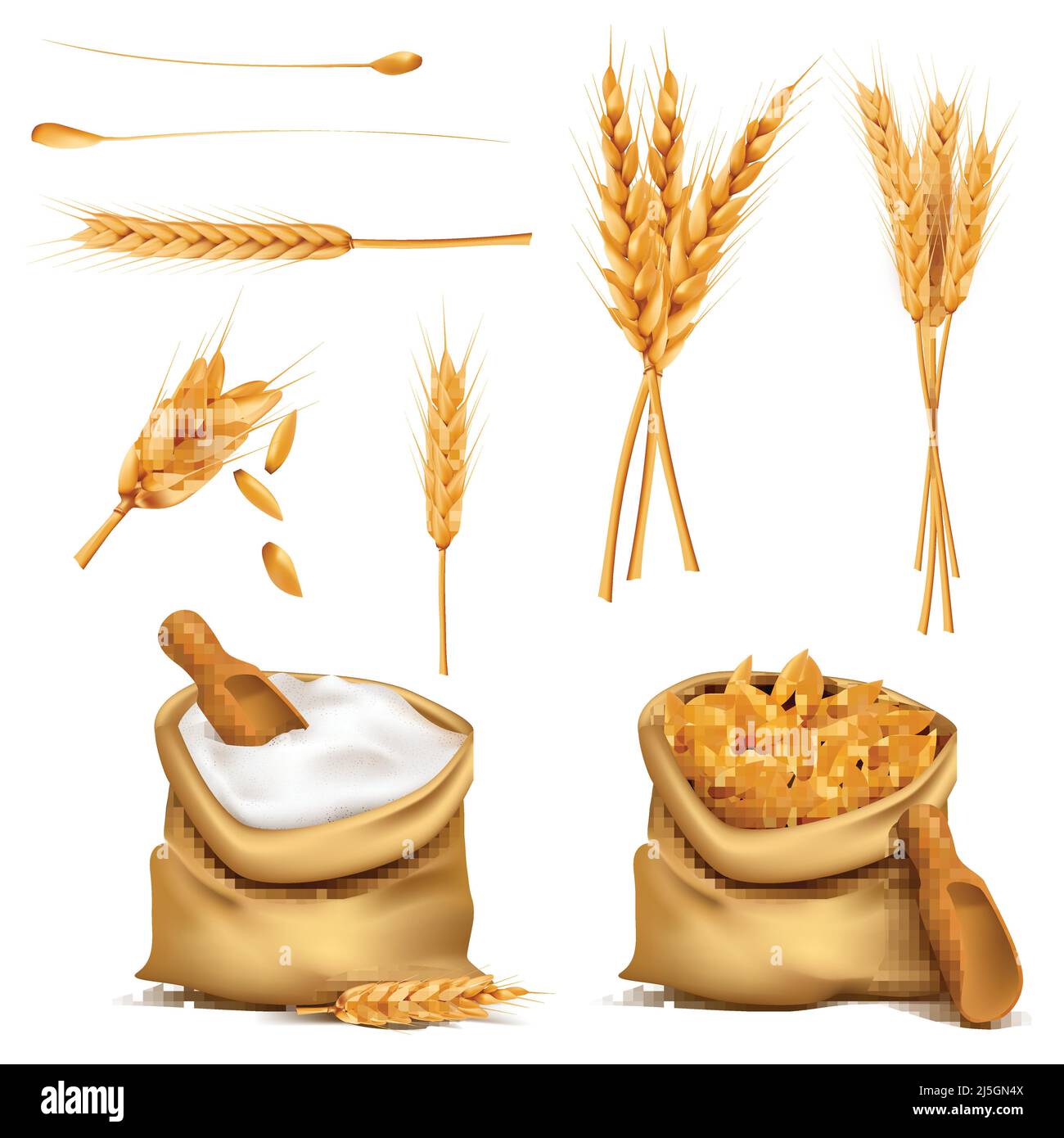 Vector Set sacchetti di tela realistici pieni di cereali o cereali, farina, spikes. Raccolto di grano, segale, orzo, avena. 3d illustrazioni, stampa, elemento di disegno Illustrazione Vettoriale