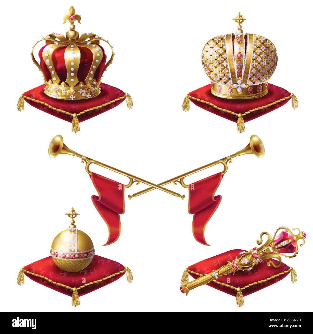 Corone reali d'oro, scettro con pietra gemma e cruciger globus giacente su cuscino cerimoniale rosso con tasels realistiche illustrazioni vettoriali set isolato Illustrazione Vettoriale