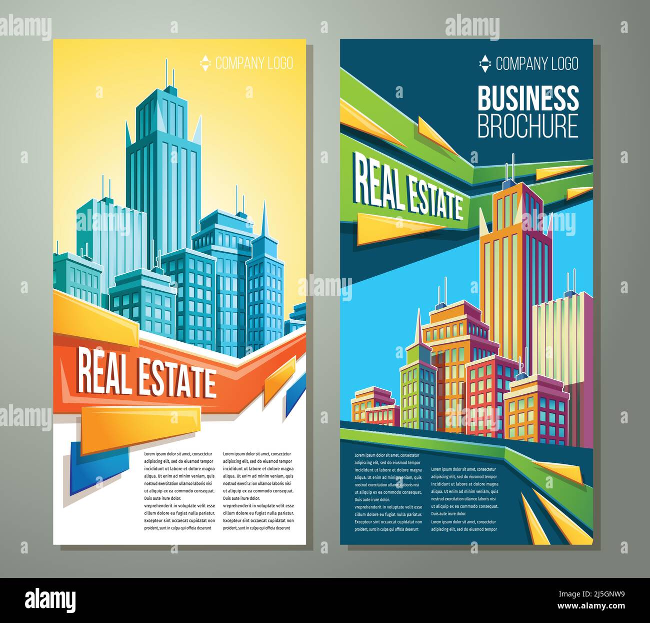 Set di illustrazioni vettoriali di cartoni animati, banner, sfondi urbani con edifici moderni di grandi città, grattacieli, centri commerciali e spazio per il testo. Illustrazione Vettoriale