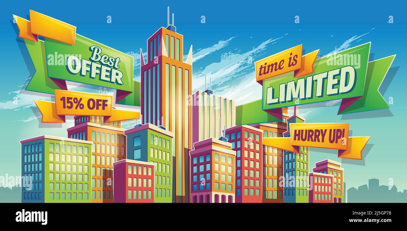 Illustrazione vettoriale di cartoni animati, banner, sfondo urbano con edifici moderni di grandi città, grattacieli, centri d'affari e spazio per il testo. Pubblicità Illustrazione Vettoriale