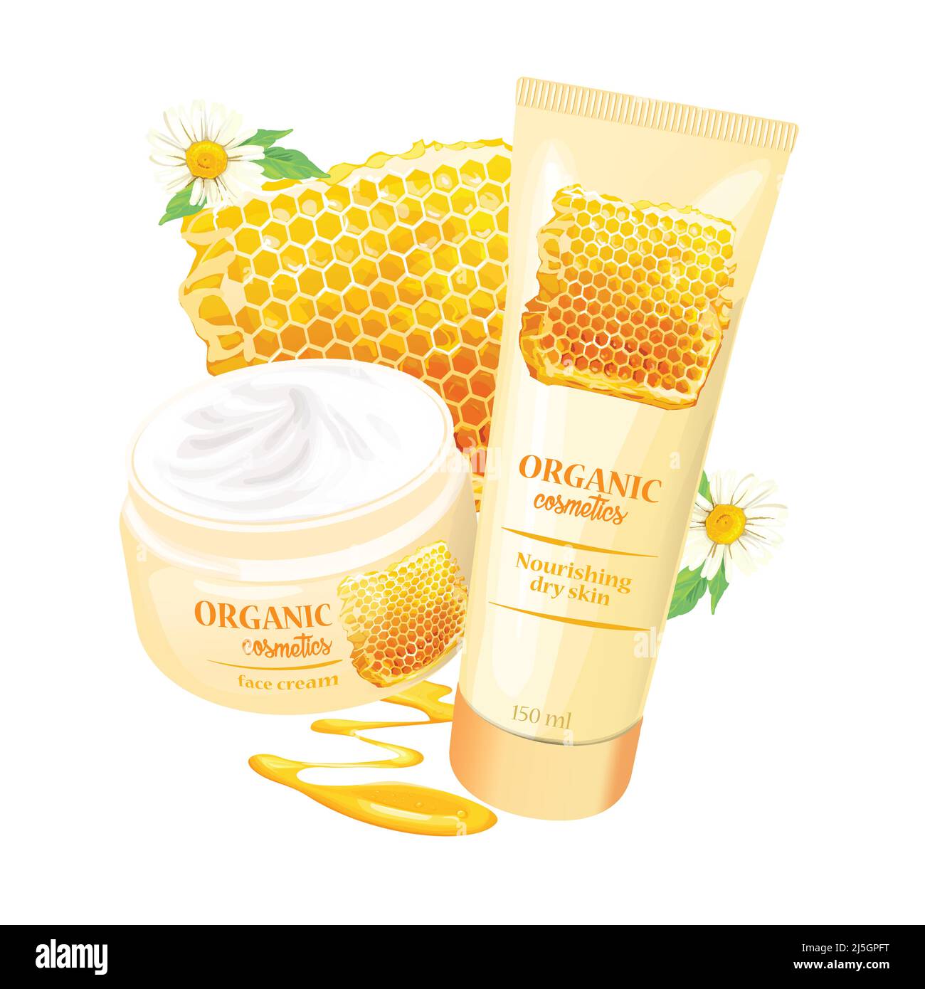Tubetti di crema nutriente, lozione con camomilla, miele, cera d'api per pelle secca illustrazione vettoriale realistica isolato su sfondo bianco. ORGA Illustrazione Vettoriale