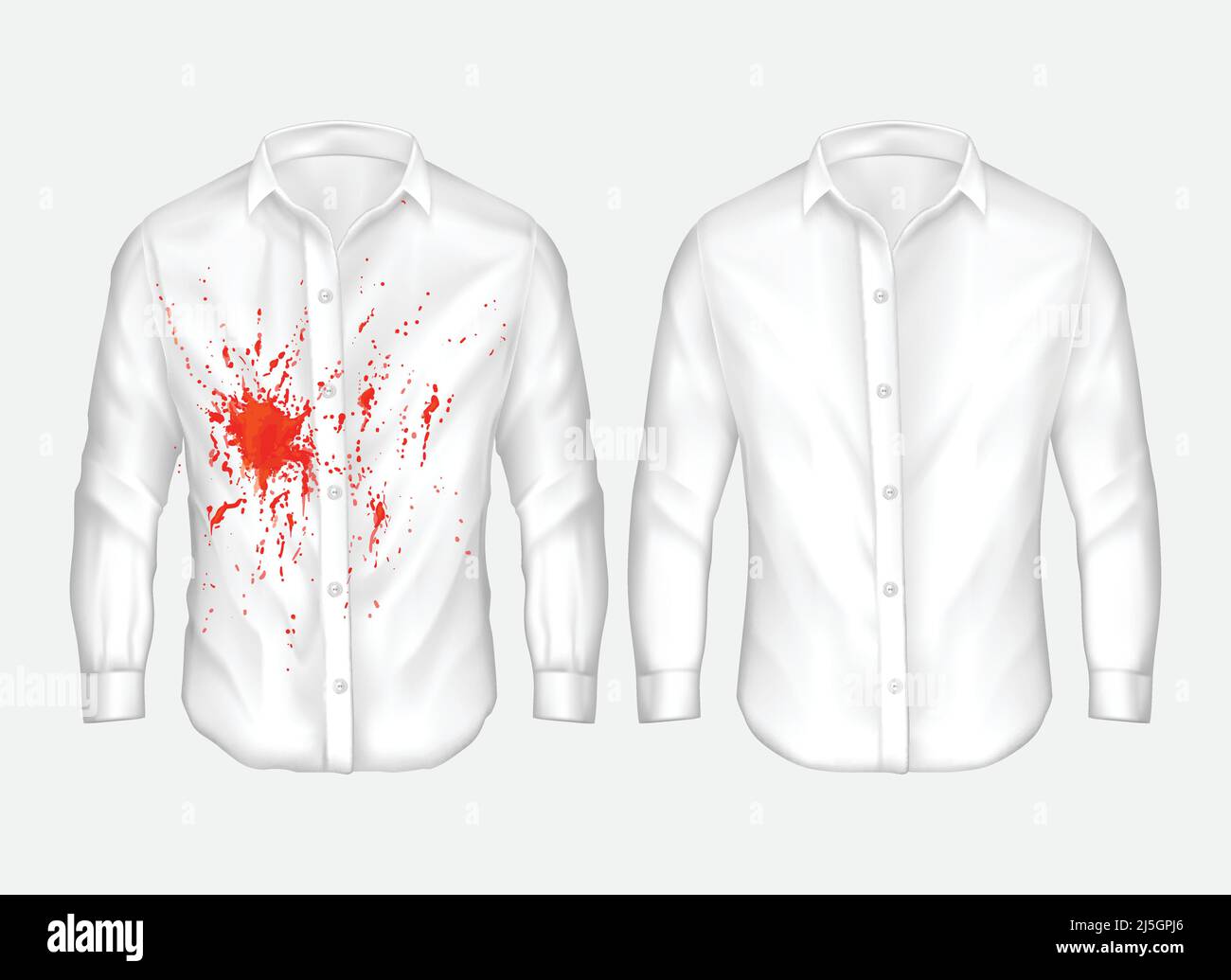 Set di illustrazioni vettoriali di camicia uomo bianca con macchia rossa da ketchup, sangue e pulito, prima e dopo lavaggio a secco, isolato su sfondo bianco Illustrazione Vettoriale