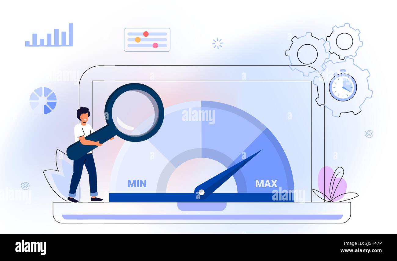 Ottimizzazione del caricamento del sito Web velocità della pagina e SEO concetto vettoriale piatto velocità del sito Web tempo di caricamento ottimizzazione della pagina Test di velocità selettore di misurazione Illustrazione Vettoriale