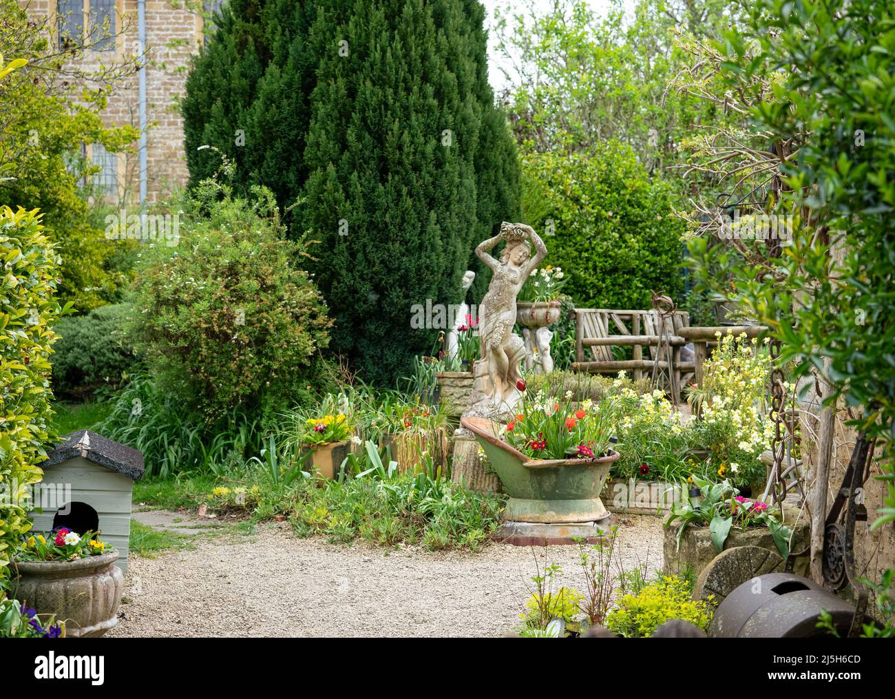 un bellissimo giardino di campagna inglese primaverile con statua, piantatrici, vasi, fiori, arbusti e abeti Foto Stock