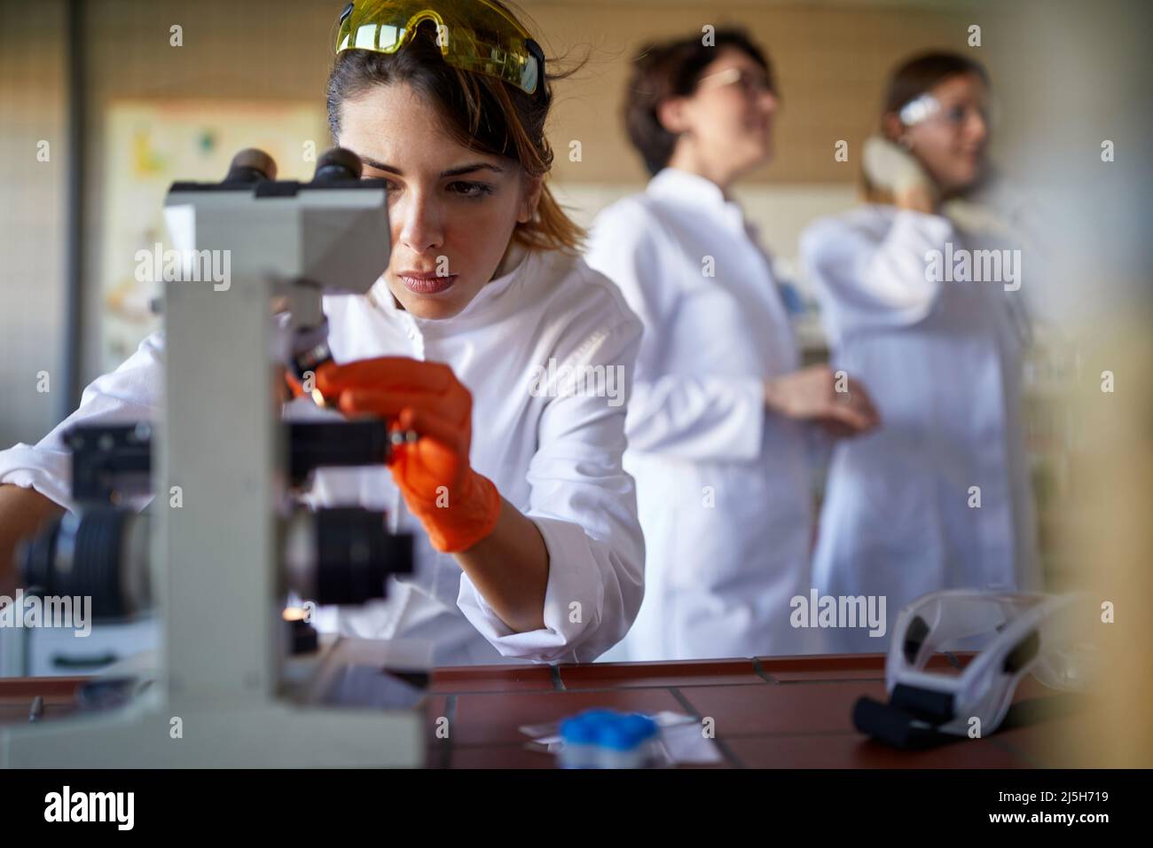 Donna che lavora al microscopio in laboratorio Foto Stock