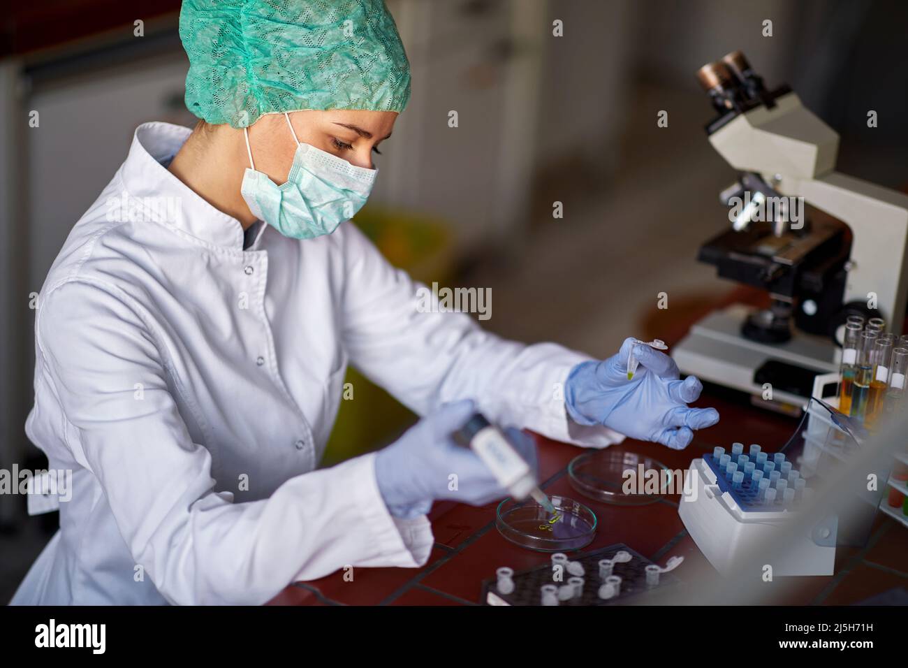 Lavoratrice di laboratorio femminile che lavora con prodotti chimici Foto Stock