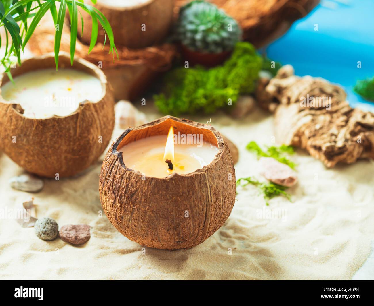 Originale candela di cera di soia naturale fatta a mano in un cocco. Candela  in una conchiglia di cocco. Candela all'aroma del centro benessere. Primo  piano Foto stock - Alamy