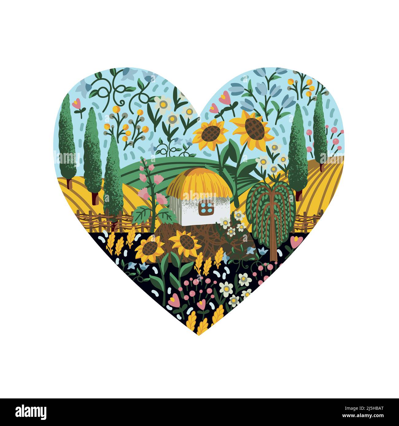 Paesaggio ucraino, casa e fiori nel cuore. Vettore tessile Illustrazione Vettoriale