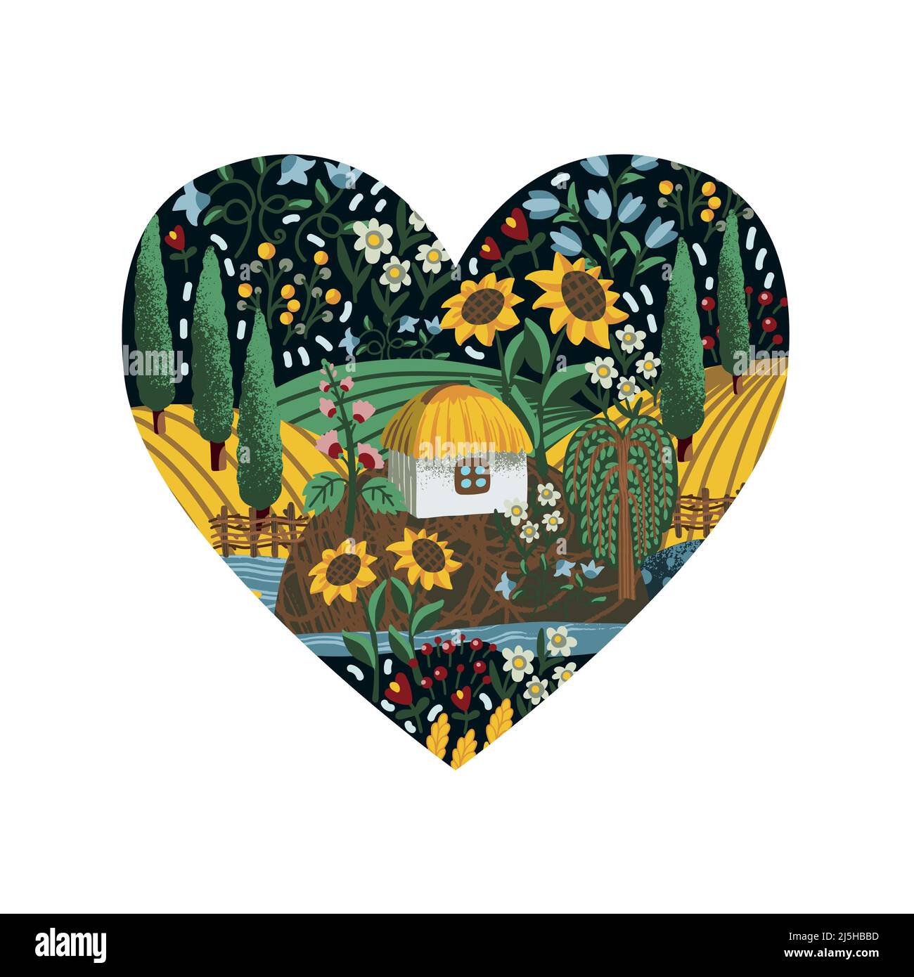 Paesaggio ucraino, casa e fiori nel cuore. Vettore tessile Illustrazione Vettoriale