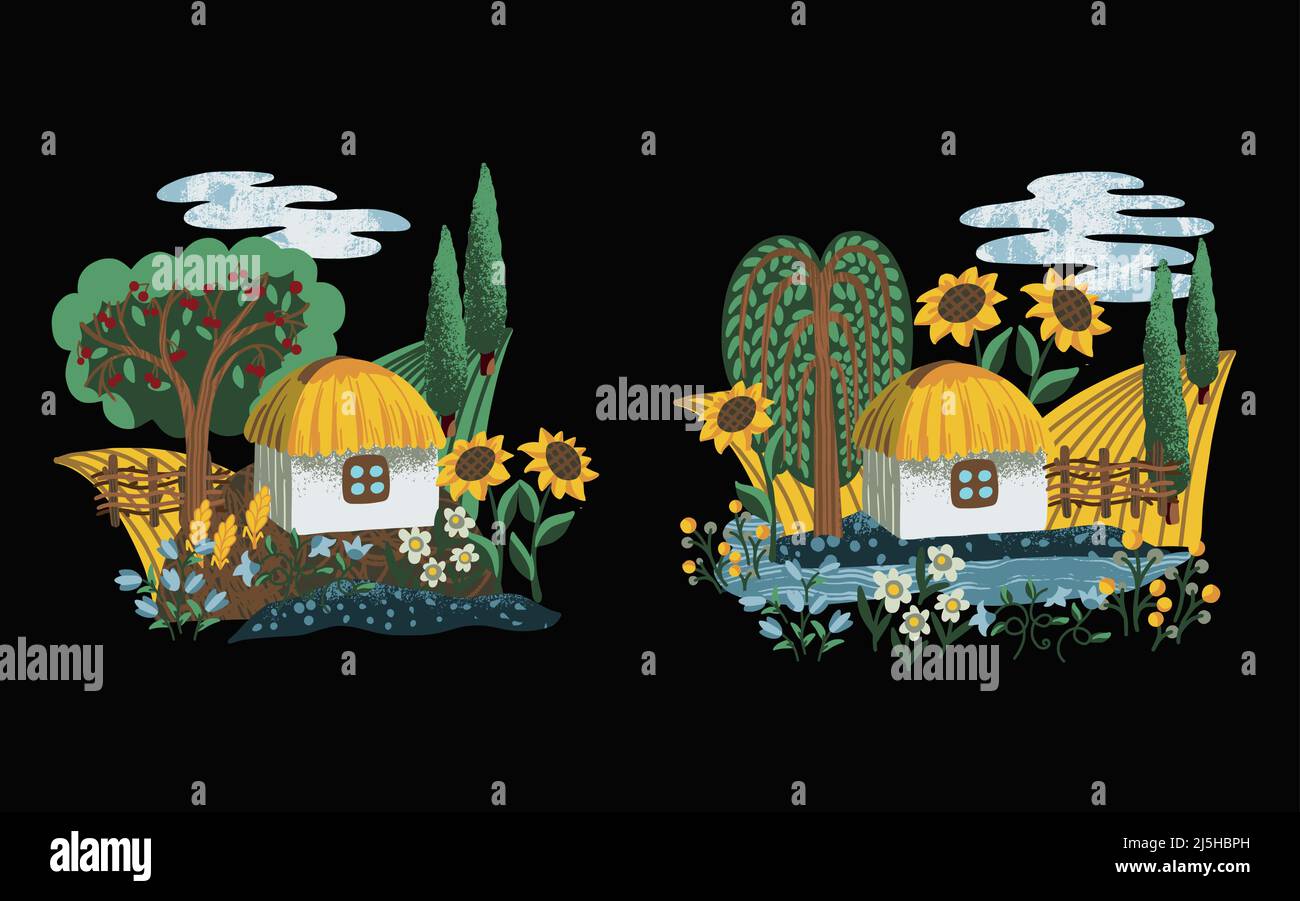 Ucraino paesaggio, casa e fiori isolato. Vettore tessile. Illustrazione Vettoriale