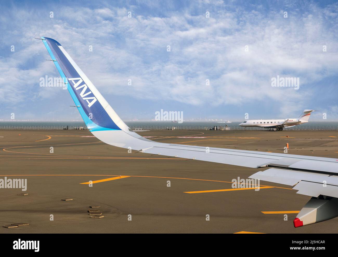Logo DELLA compagnia aerea ANA e velivolo all'aeroporto di Tokyo, Giappone Foto Stock
