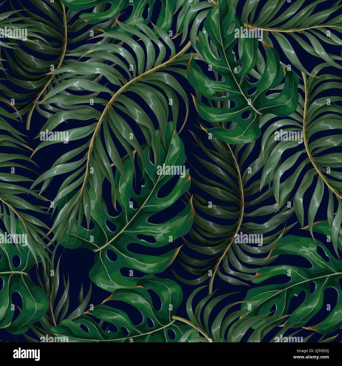 Modello senza giunture con foglie tropicali come foglia di palma, monstera e altro.vettore. Illustrazione Vettoriale