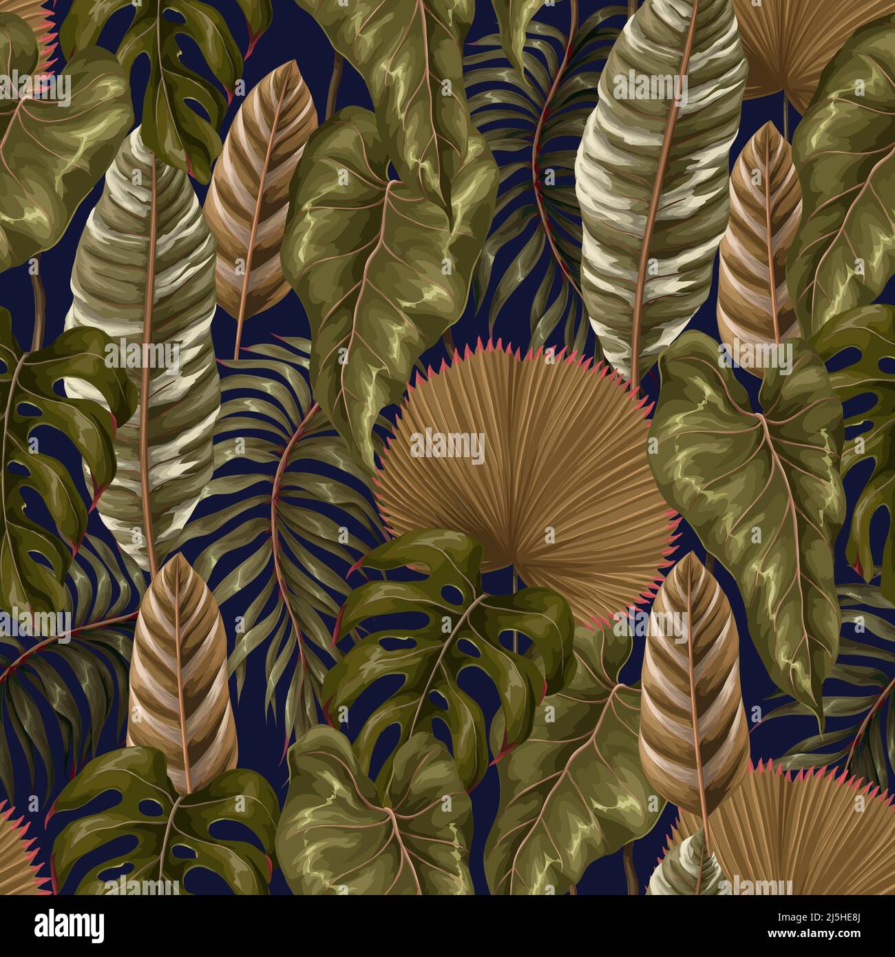 Modello senza giunture con foglie tropicali come foglia di palma, monstera e altro.vettore. Illustrazione Vettoriale