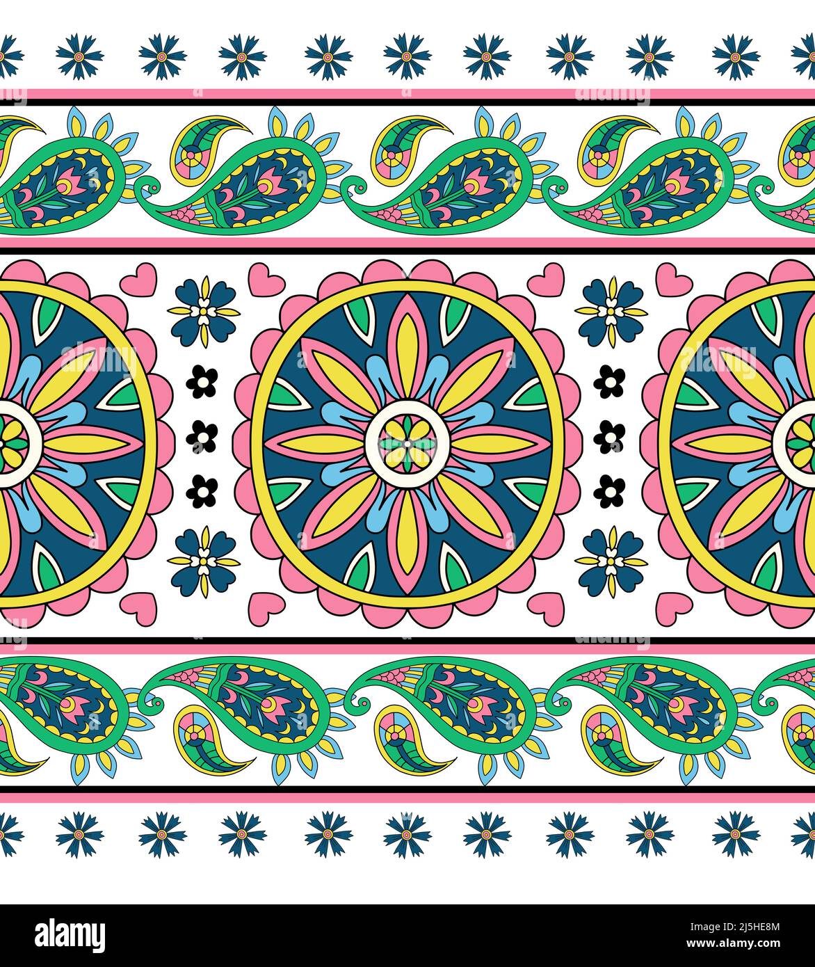 Modello senza cuciture con fiori e paisley in stile hippie. Vettore. Illustrazione Vettoriale