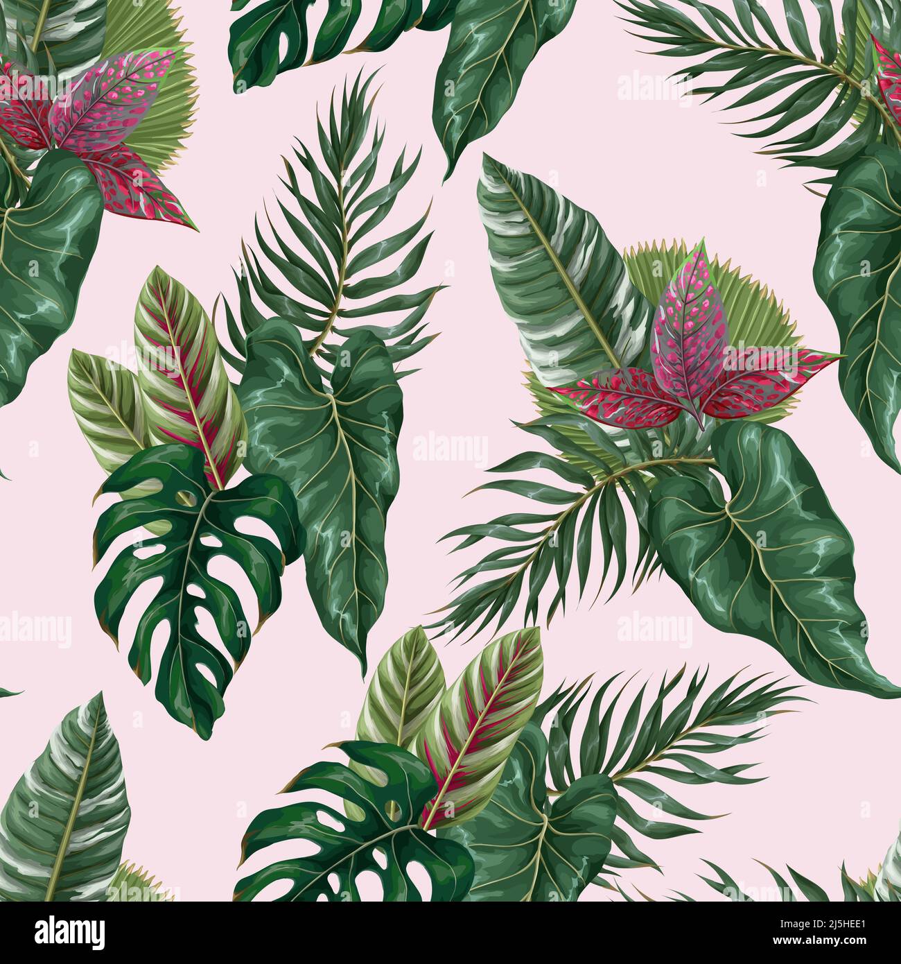 Modello senza giunture con foglie tropicali come foglia di palma, monstera e altro.vettore. Illustrazione Vettoriale