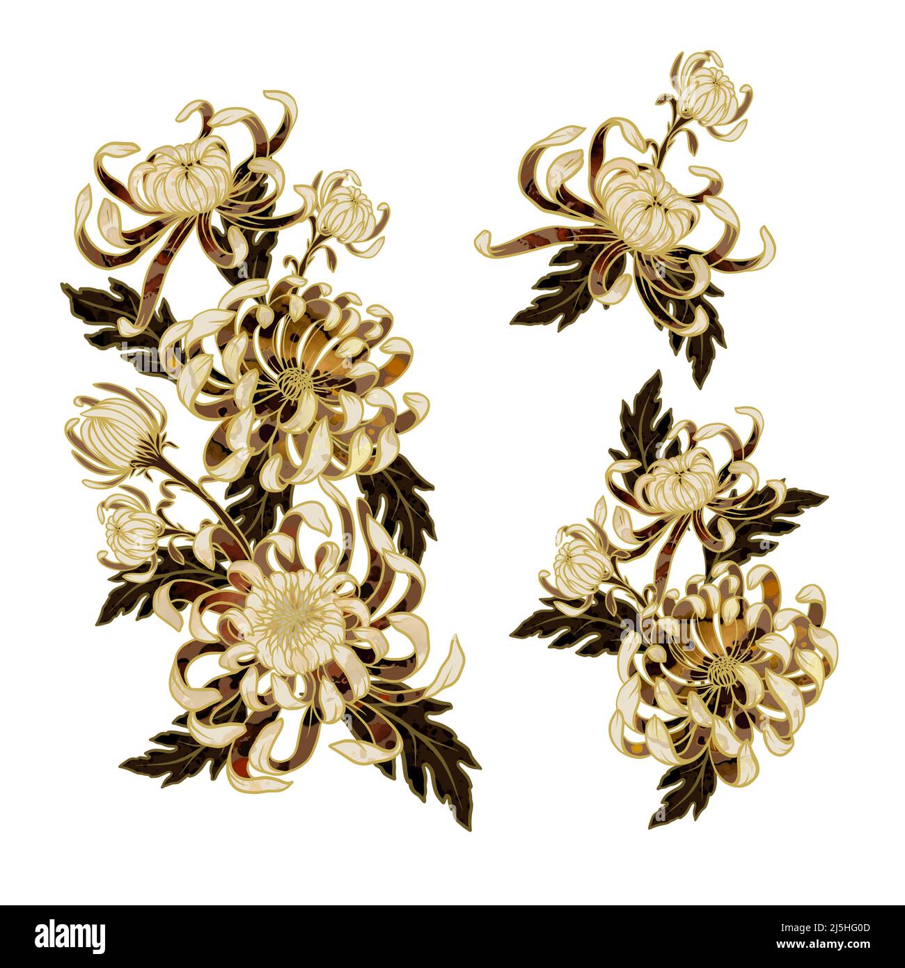 Crisantemi d'oro isolati. Stampa vettoriale trendy. Illustrazione Vettoriale