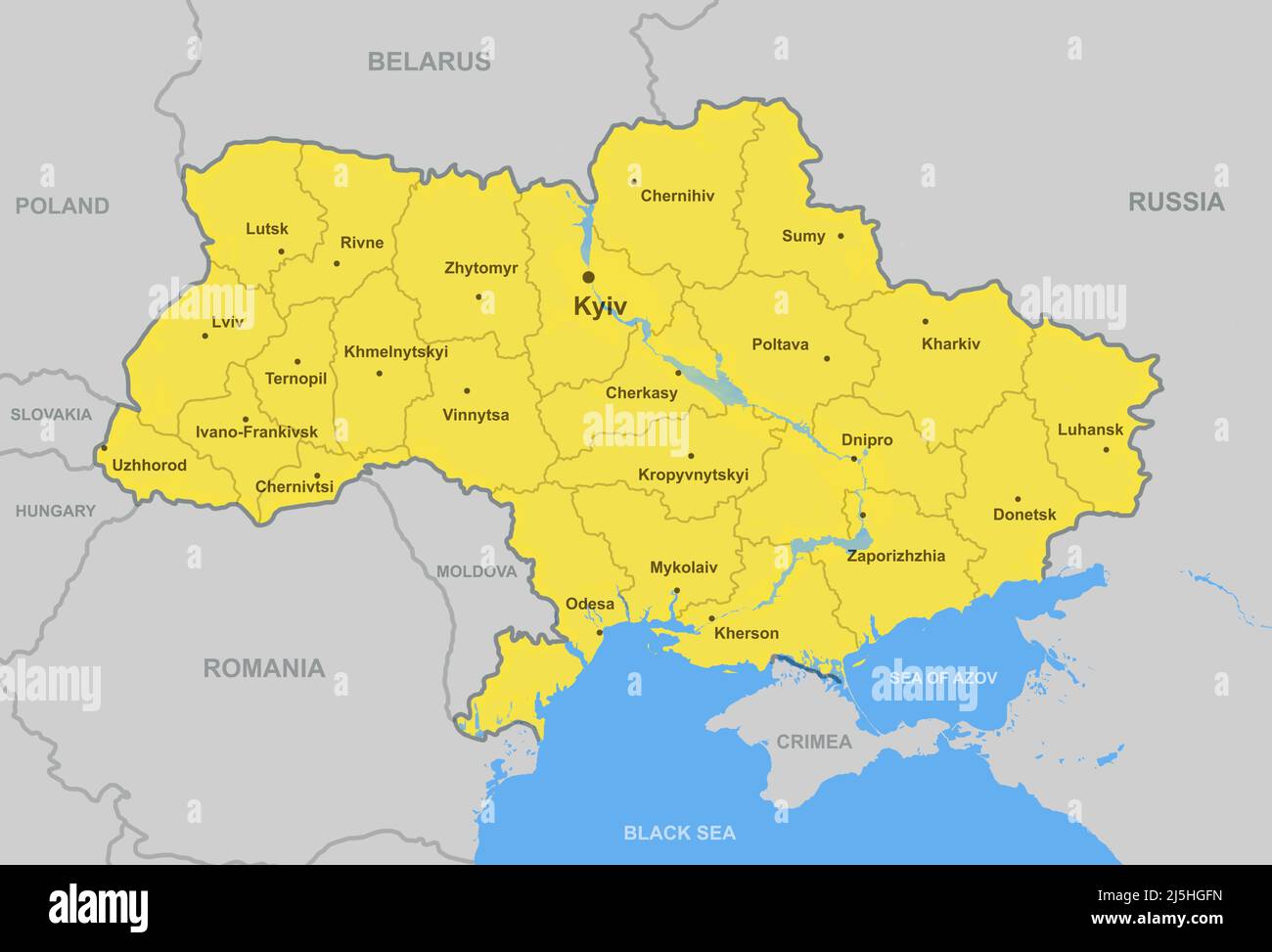 Mappa dell'Ucraina con confini di città e regioni, mappa politica dell'Ucraina con mari neri e azov, Crimea e paesi. Concetto di Ucraina-Rus Foto Stock