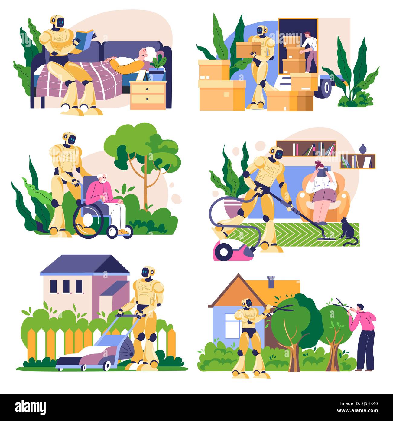 Robot che aiuta con i lavori domestici e ripulire Illustrazione Vettoriale