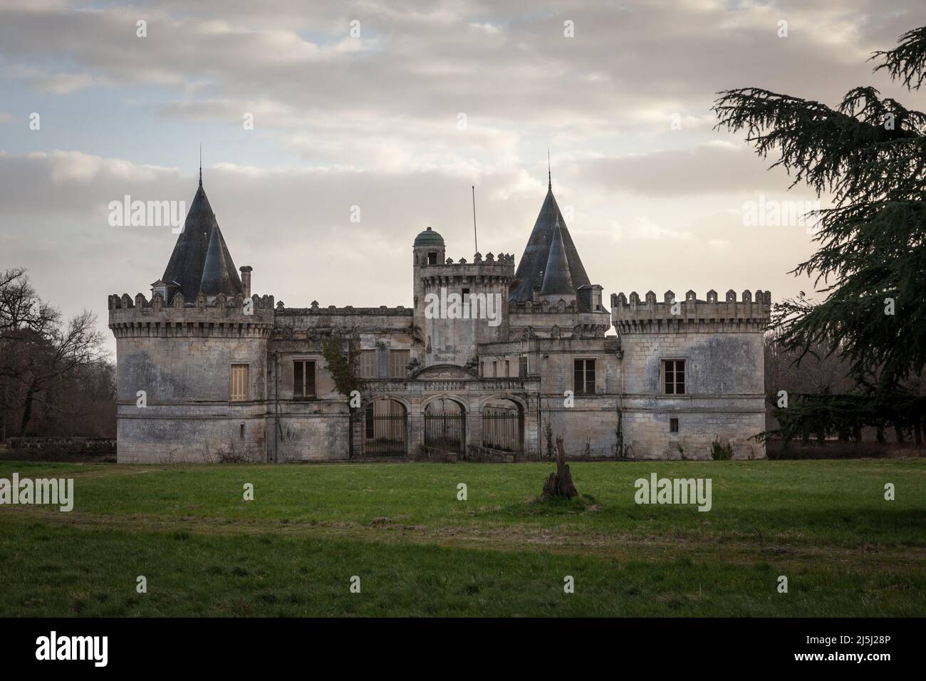 Immagine di un castello francese abbandonato trascurato, chiamato anche Chateau abandonne, nel sud-ovest della Francia, in aquitania, Francia. Foto Stock