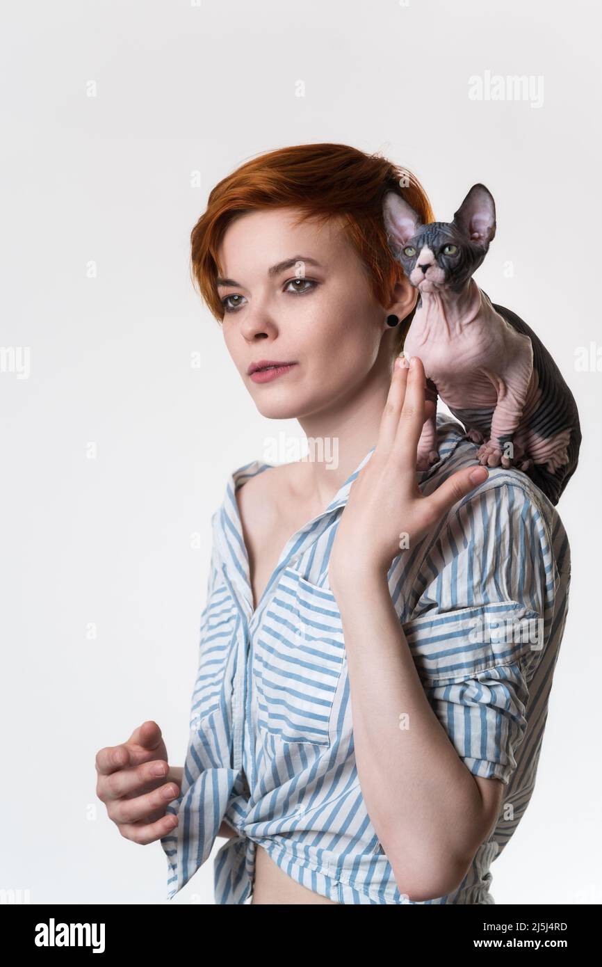Sphynx gatto senza peli seduto sulla spalla della giovane donna rossa. Donna hipster con capelli corti vestita in camicia bianca-blu a righe. Foto studio Foto Stock
