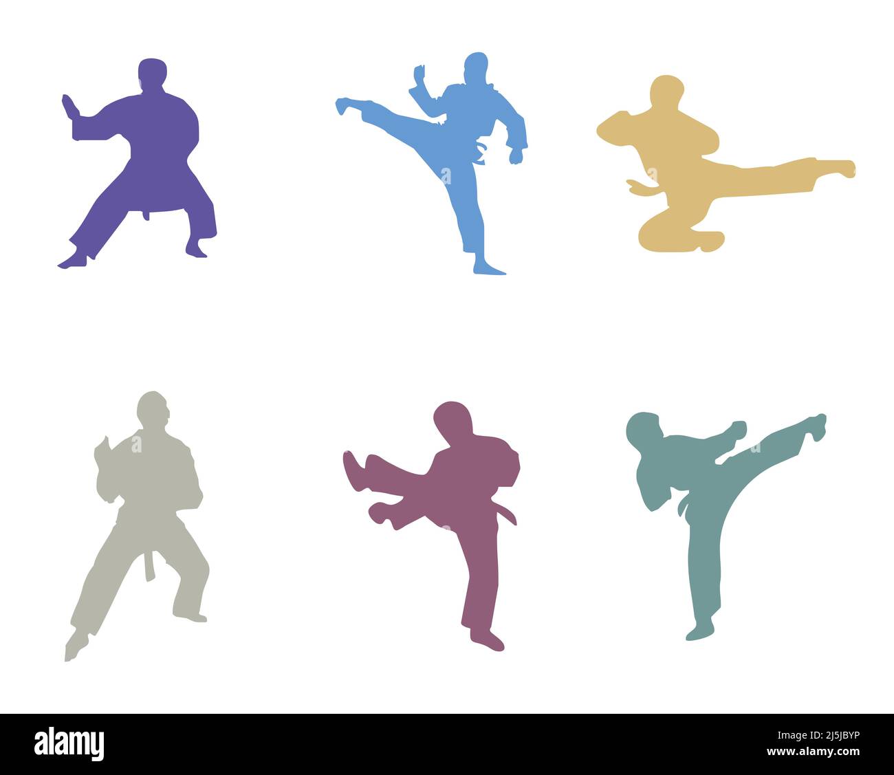 Icona di pose di karate colorate su sfondo bianco Illustrazione Vettoriale