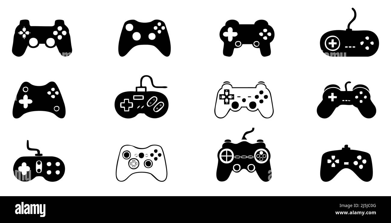 Icone dei game pad di colore nero su sfondo bianco Illustrazione Vettoriale