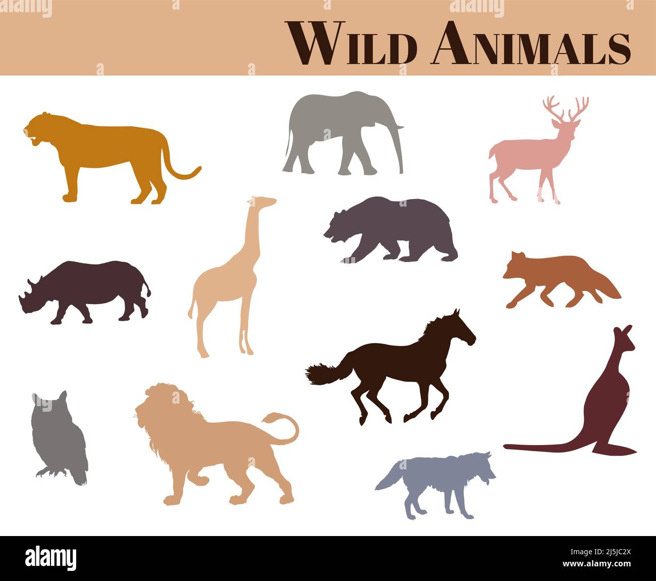 Varie icone vettoriali di animali selvatici impostate in diversi colori su sfondo bianco Illustrazione Vettoriale