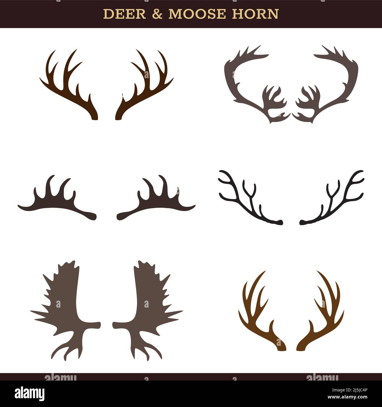 Icona vettore di cervo e tromba di Moose impostata su sfondo bianco Illustrazione Vettoriale