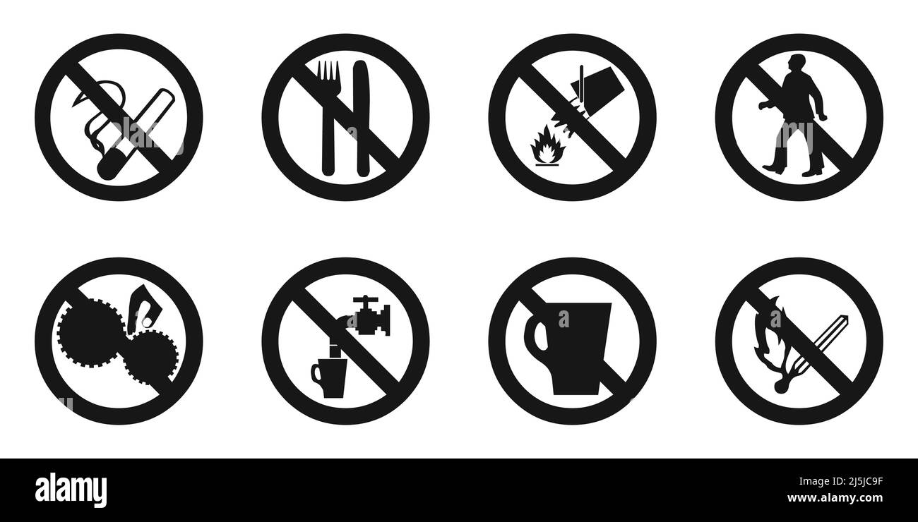 Vari segni di avviso divieto icona vettore impostata in nero su sfondo bianco Illustrazione Vettoriale