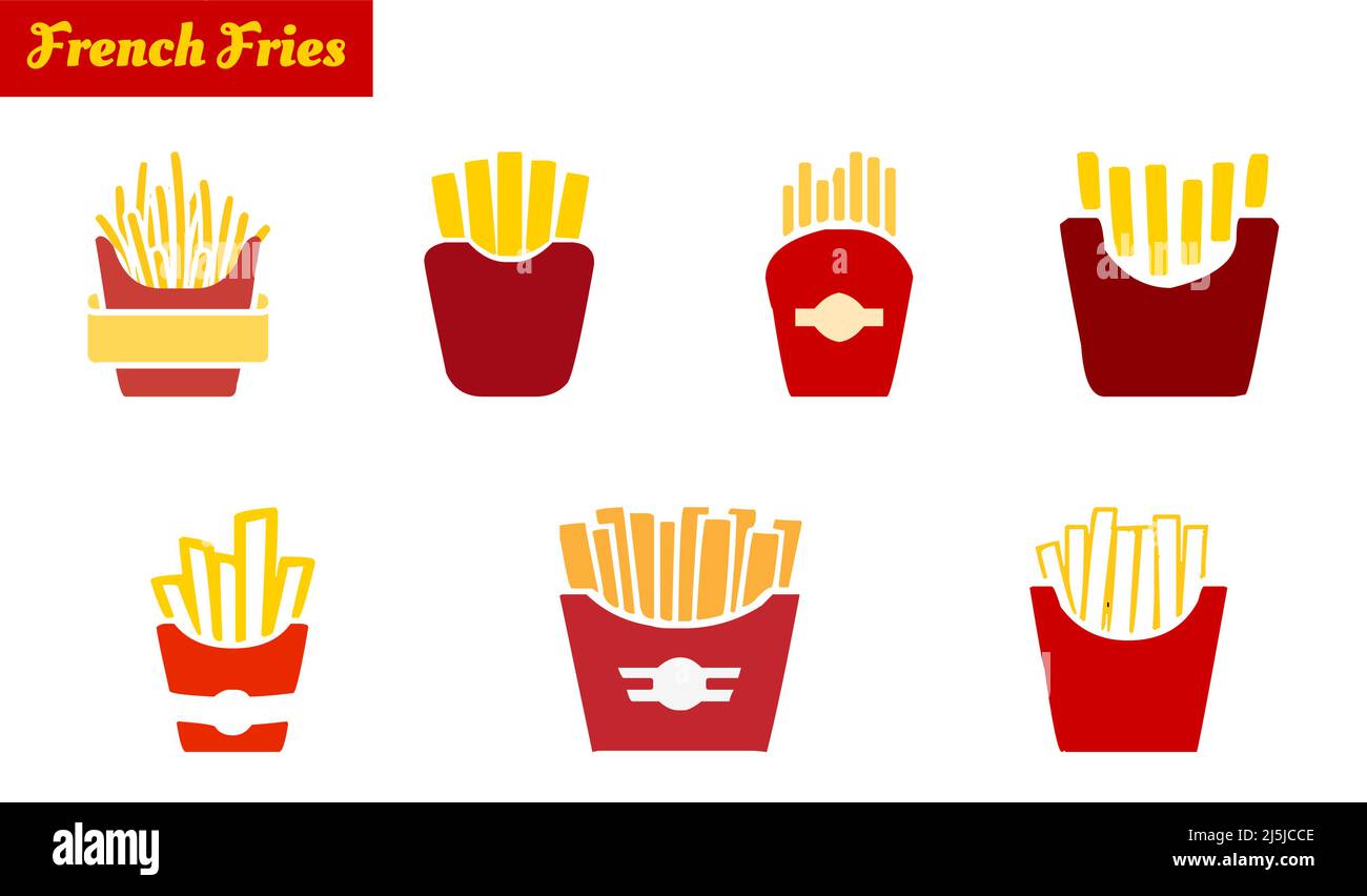 Patatine fritte piatto colorato vettore icona set. Set di 7 icone Illustrazione Vettoriale