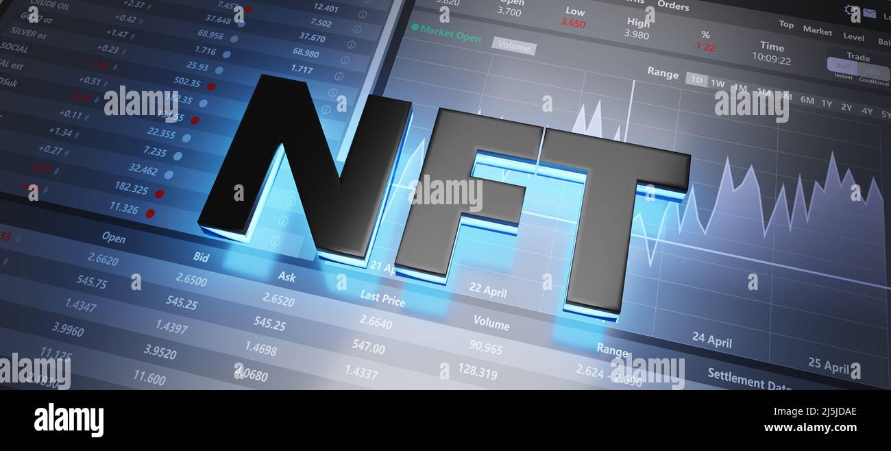 Token non fungibile NFT, unità dati memorizzata in un blockchain. Certificato di autenticità e prova di proprietà. Luce al neon blu e testo nero. 3D rendering Foto Stock