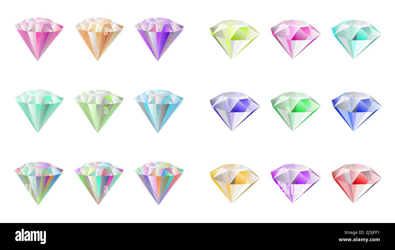 Icone vettoriali di gemma di diamante in blu, arancione , viola, cielo, rosso, colore verde e rosa e arcobaleno Illustrazione Vettoriale