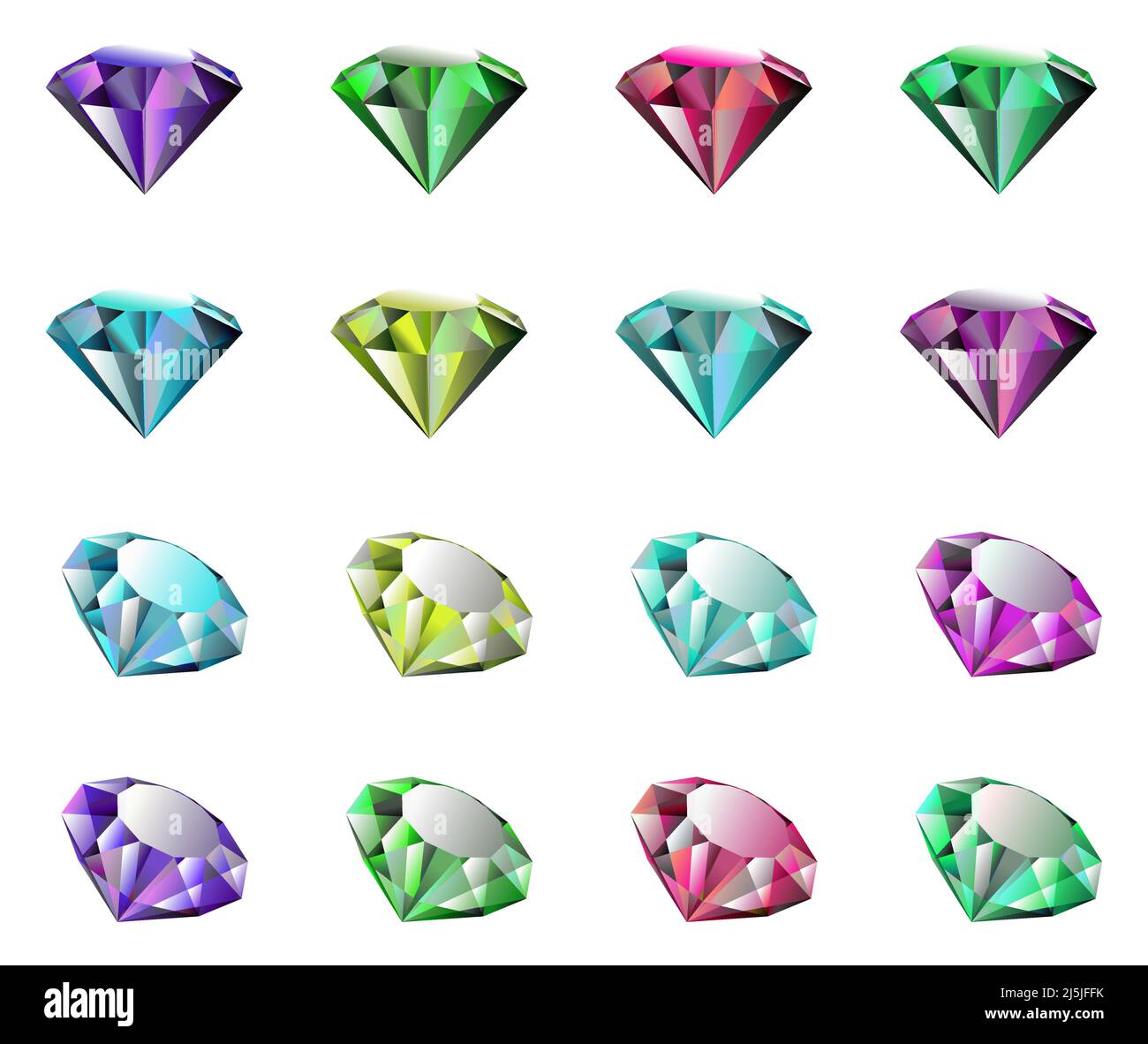 Icone vettoriali di gemma diamantate in viola, blu, cielo, rosso, verde, colore giallo e rosa. Set di 16 icone Illustrazione Vettoriale