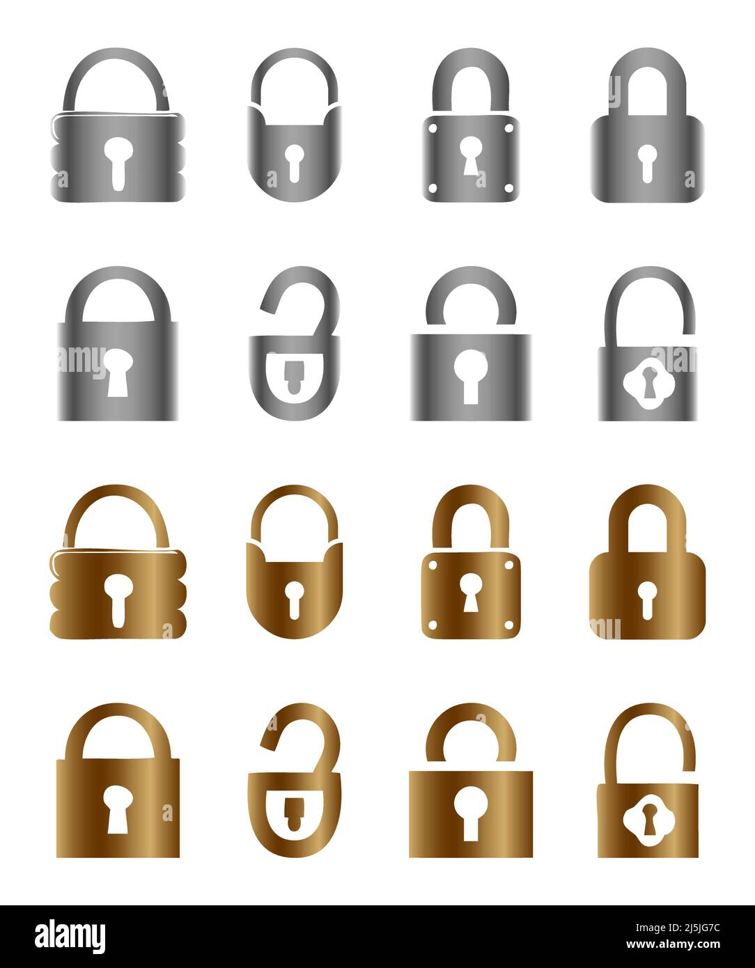 Varie serrature vettoriali icona set in cromo e oro colore Illustrazione Vettoriale