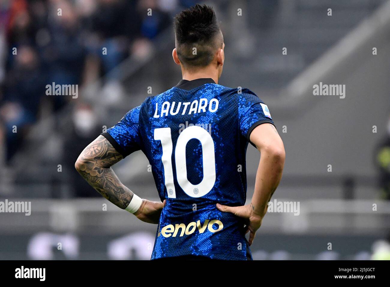 Lautaro Martinez del FC Internazionale reagisce durante la Serie Una partita di calcio tra il FC Internazionale e COME Roma allo stadio San Siro di Milano (IT Foto Stock