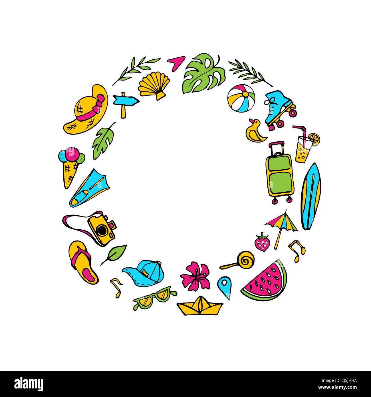 Estate simboli doodle clipart. Composizione rotonda o corona sul tema di vacanza Illustrazione Vettoriale