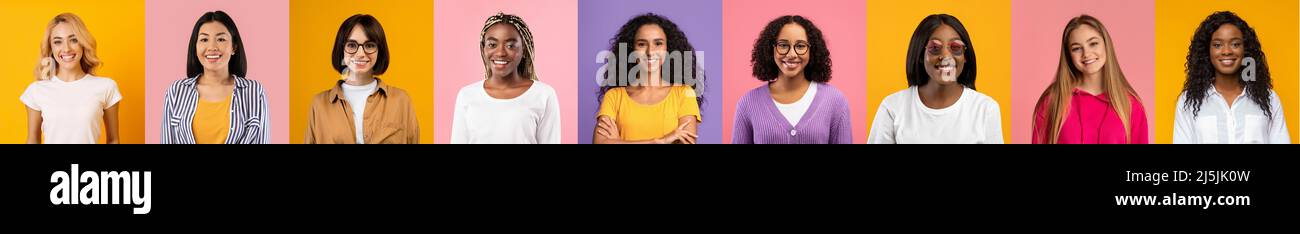 Giovani donne multietniche con facce sorridenti che si posano su sfondi colorati Foto Stock