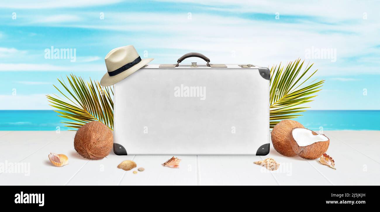 Valigia bianca con spazio per la presentazione di testo o logo, circondata da foglie di palma, noci di cocco e conchiglie. Concetto di viaggio estivo Foto Stock