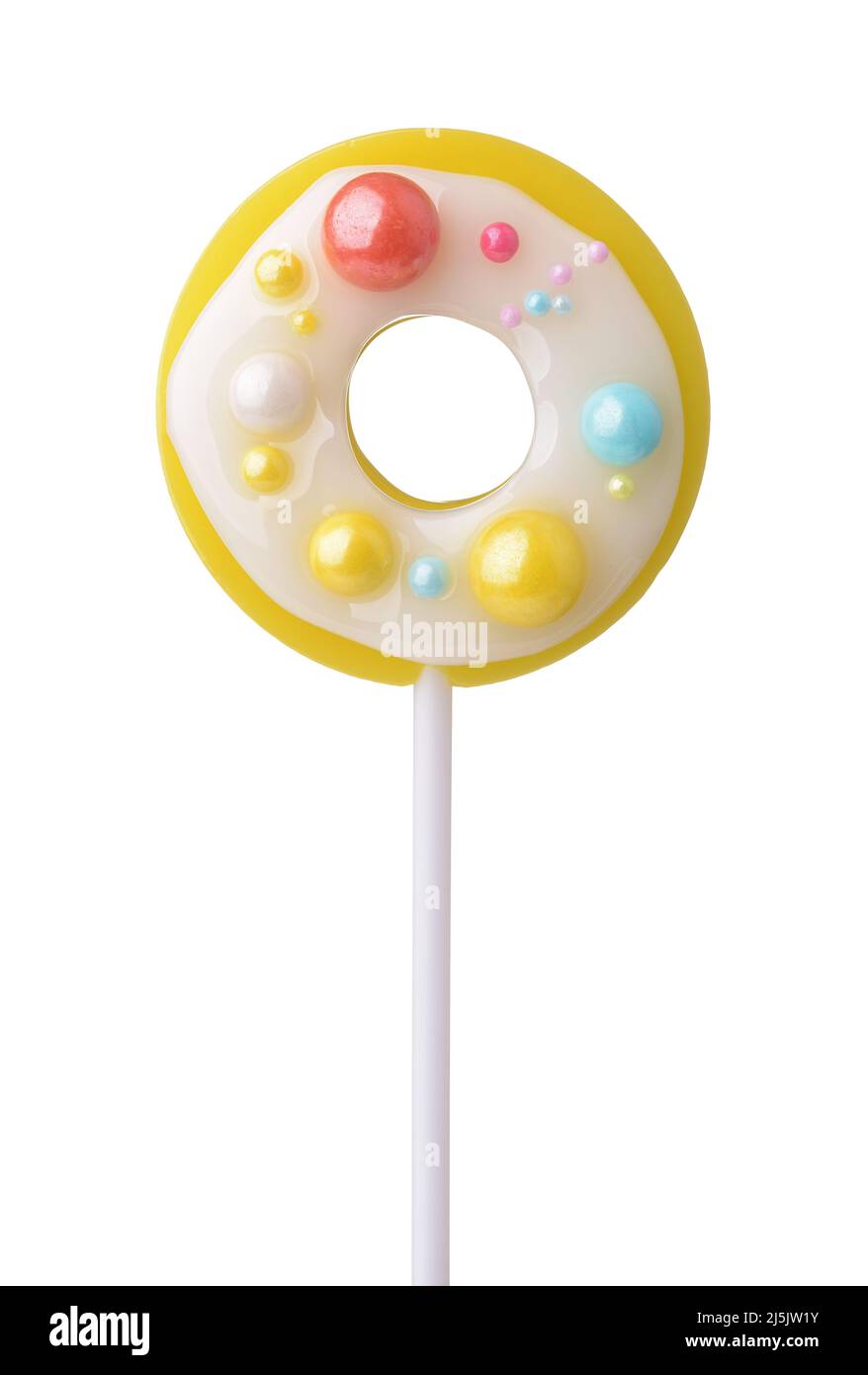 Vista frontale di ciambelle caramelle lecca lecca-lecca isolate su bianco Foto Stock