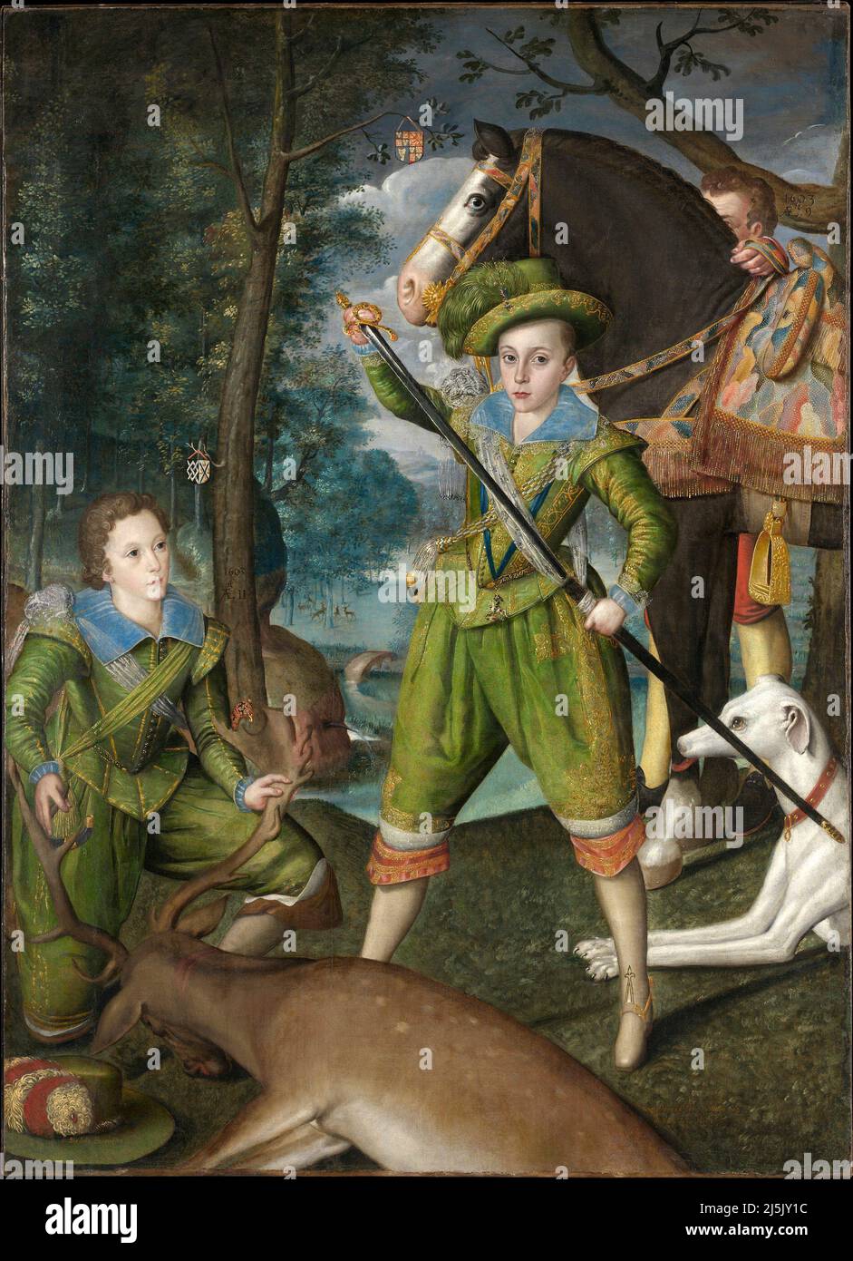 Henry Frederick (1594-1612), Principe del Galles, con Sir John Harington (1592-1614), nel campo di caccia. Robert Peake il Vecchio. 1603. Foto Stock