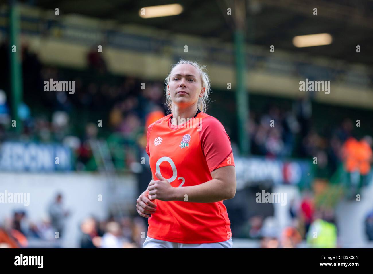 Leicester, Regno Unito. 24th Apr 2022. Rosie Galligan (19 Inghilterra) ha preceduto la partita di TikTok Womens Six Nations tra Inghilterra e Irlanda al Mattioli Woods Welford Road Stadium di Leicester, Inghilterra. Marcelo Poletto/SPP Credit: SPP Sport Press Photo. /Alamy Live News Foto Stock