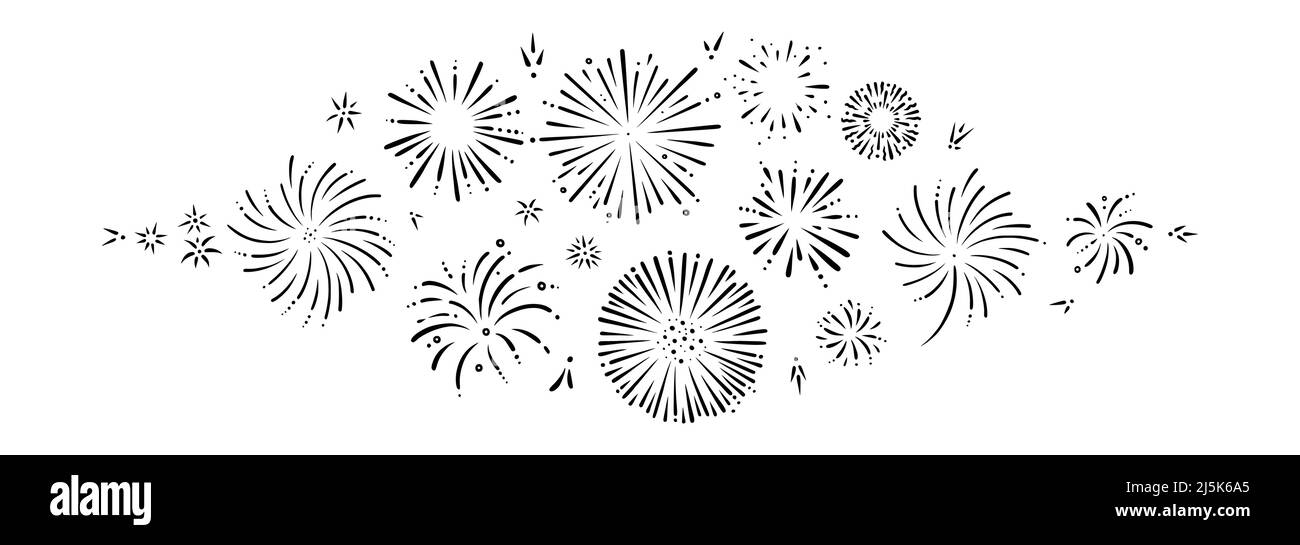 Set di fuochi d'artificio Doodle. Lucenti prefazioni per feste e celebrazioni. Illustrazione vettoriale isolata su sfondo bianco Illustrazione Vettoriale