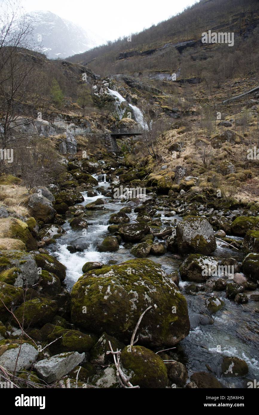 Alimentato bei acqua di fusione nella contea norvegese di Vestland nella valle di Briksdal un fiume impressionante corre sopra le cascate tuonanti verso la valle di Olden. Foto Stock