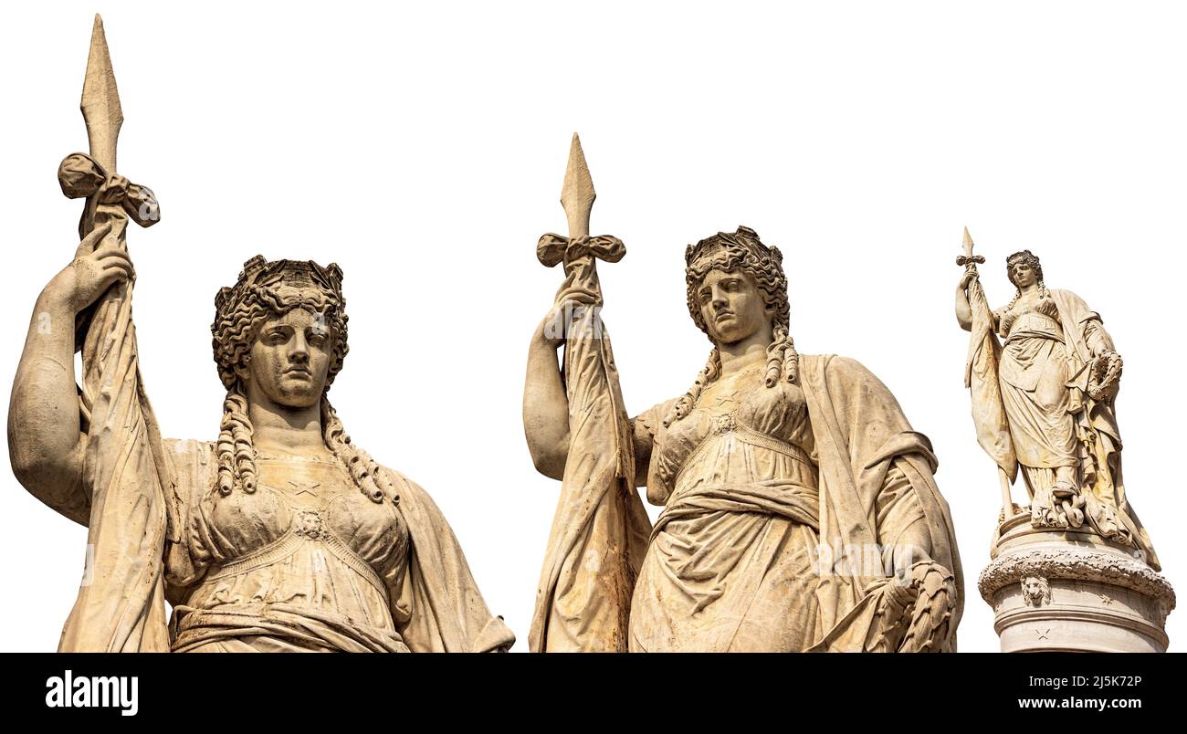 Statua dell'Indipendenza chiamata Teresona isolata su sfondo bianco, 1875, di Luigi Borro, Treviso, Piazza Indipendenza, Veneto, Italia, Europa. Foto Stock
