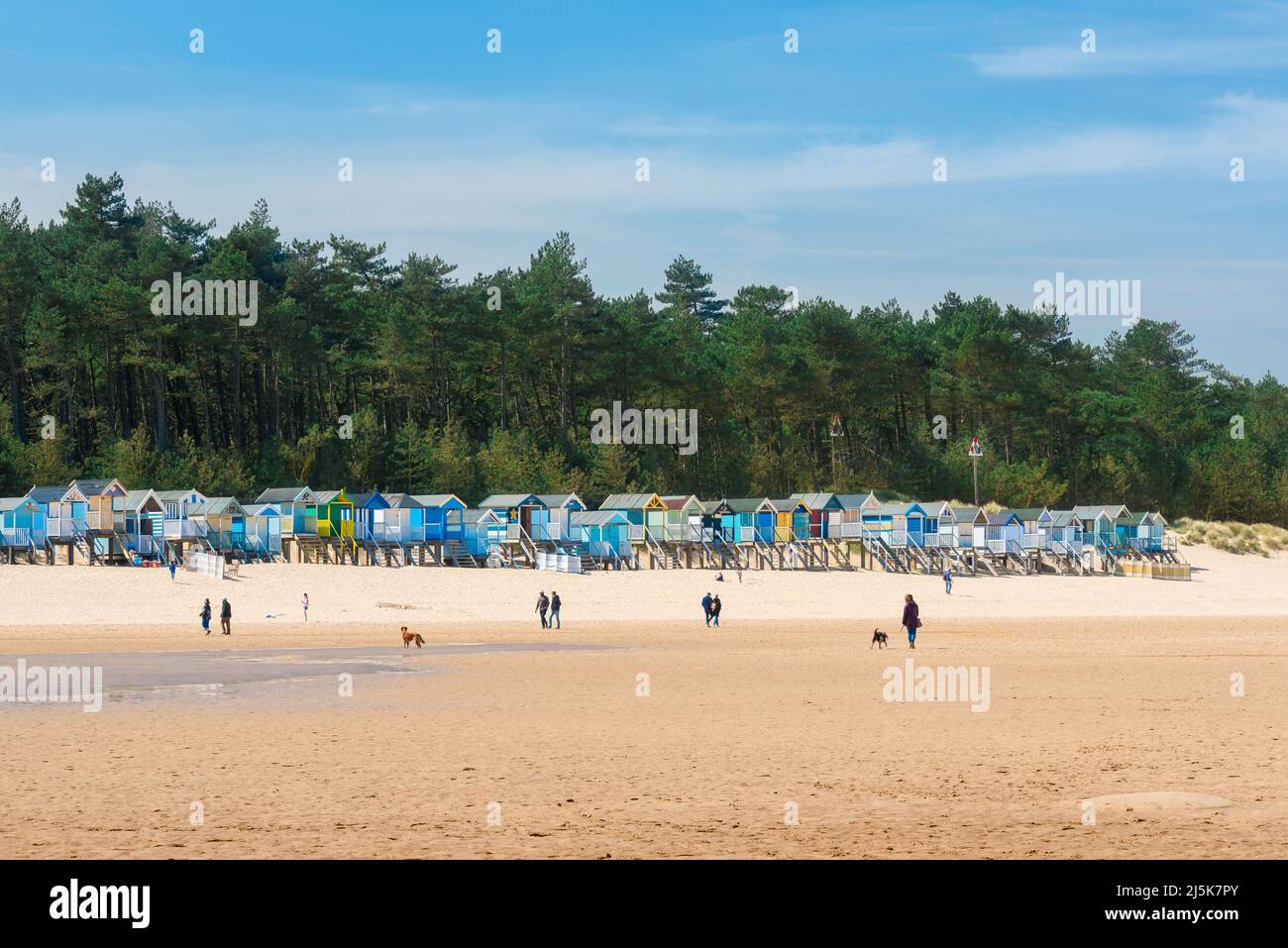 Wells Next The Sea Norfolk, vista delle persone che camminano vicino a capanne colorate sulla spiaggia di sabbia a Wells-next-the Sea sulla costa nord di Norfolk, Regno Unito Foto Stock